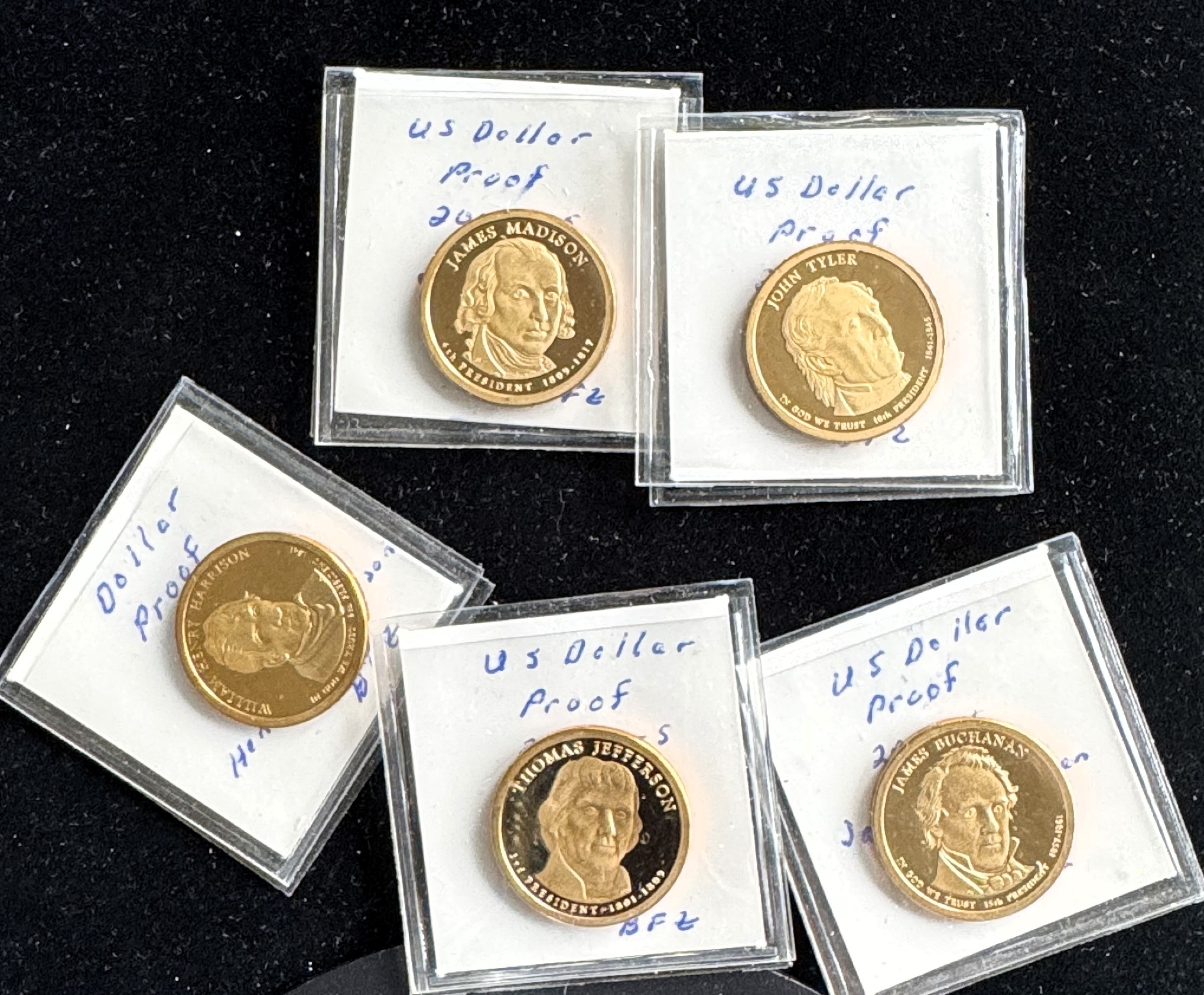 2007-S - 2010-S PRESIDENT (5) GOLDEN $1 DOLLAR CAMEO PROOF COINS