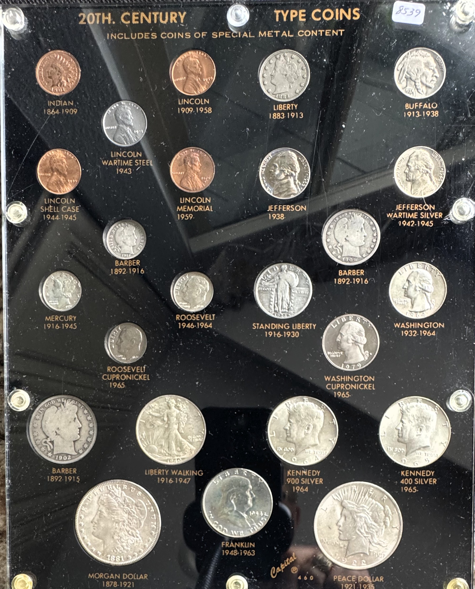 20TH CENTURY TYPE COINS COLLECTION  (24 COIN SET) INCL MORGAN & PEACE DOLLARS, NICE CAPITAL DISPLAY CASE