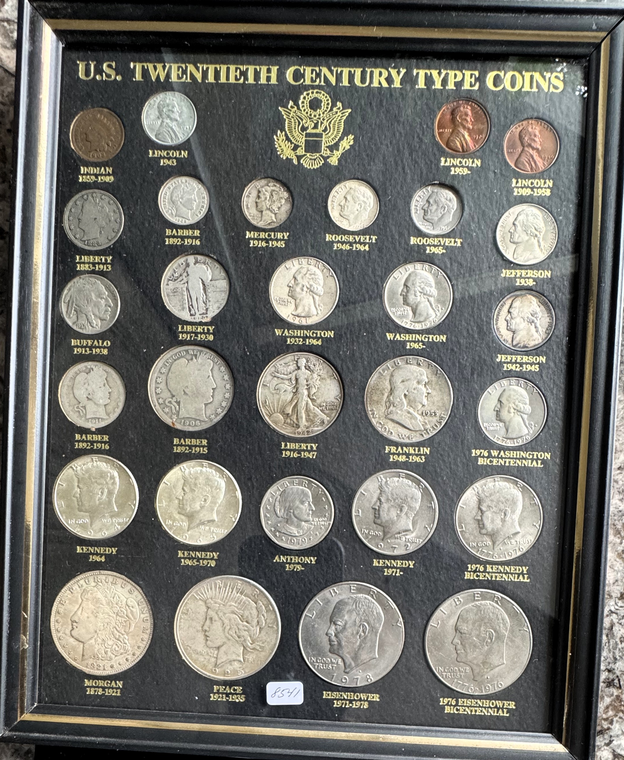 20TH CENTURY U.S. TYPE COINS COLLECTION  (29 COIN SET) INCL MORGAN & PEACE DOLLARS, NICE FRAMED DISPLAY CASE