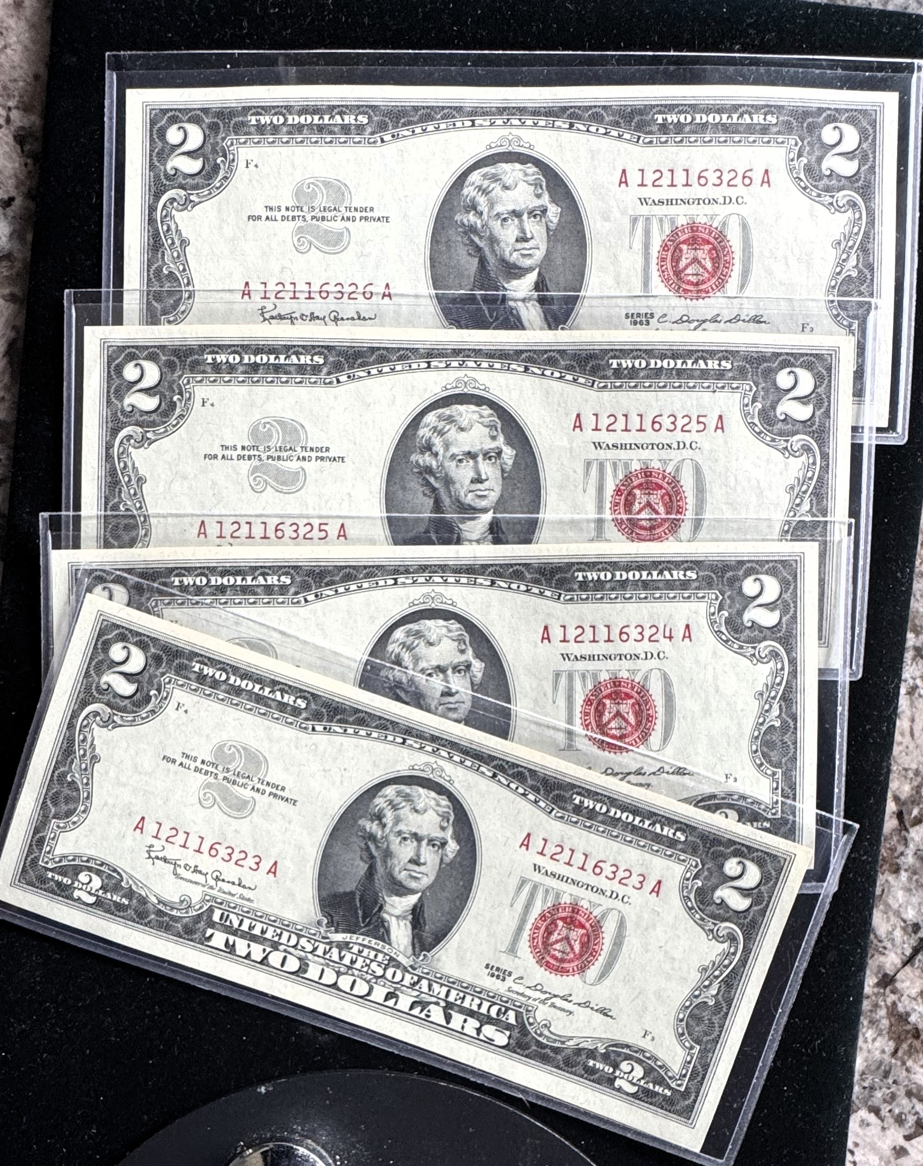 1963 SERIES $2 DOLLAR U.S. NOTE (4 CONSECUTIVE SERIAL #s)  RED SEALS,  CRISP BU INDIVIDUAL GEM BILLS IN SLEVES