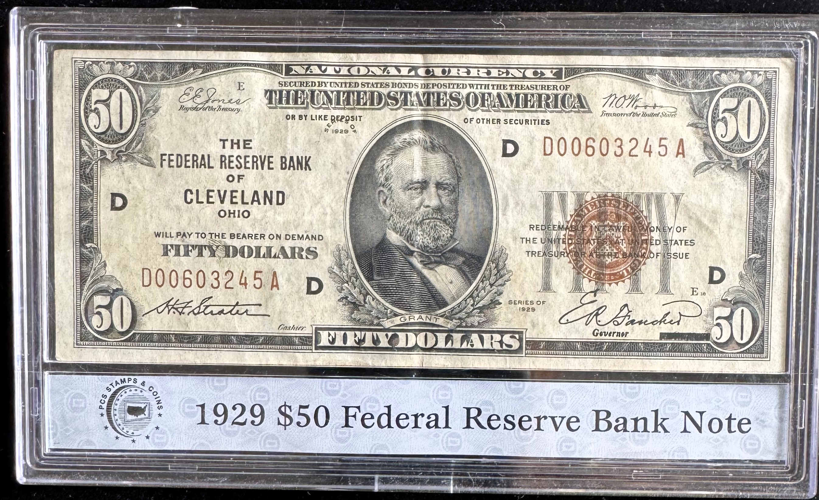 1929 SERIES $50 DOLLAR U.S. NATIONAL CURRENCY, CLEVELAND, PCS GUARANTEED, RED SEAL, IN A HARD SLAB