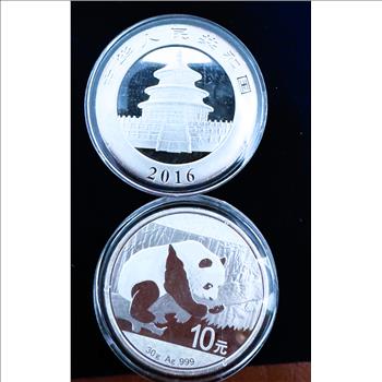 2016 CHINA PANDA 10 YUAN, (TWO COINS 30g EACH) .999 FINE SILVER  REVERSE PROOFS, UNBLEMISHED GEM COINS IN CAPSULES, PHOTO NO JUSTICE 