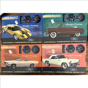 FORD 100 YEARS CAR ANNIVERSARY, (4) MEDALLIONS, 1949, 1955, 1968, 2003, IN (4) ORIGINAL PKGS, LIKE NEW
