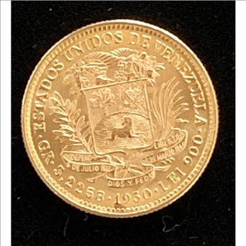 GOLD VENEZUELA 1930 10 BOLIVARES BRILLIANT UNCIRCULATED .900 FINE GOLD