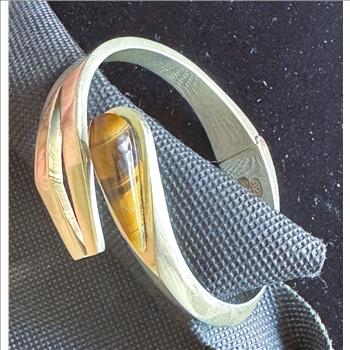 ESTATE VINTAGE MEXICO .925 STERLING SILVER SOLID EXPANDABLE TIGER EYE SIGNED GEM BRACELET