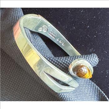 ESTATE VINTAGE MEXICO .925 STERLING SILVER SOLID EXPANDABLE TIGER EYE SIGNED GEM BRACELET