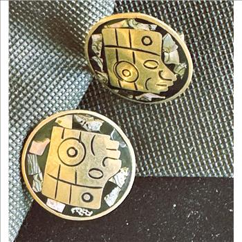 VINTAGE HECHO EN MEXICO SILVER ALPACA MARKED ABALONE CUFF LINKS