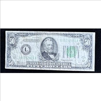 1934 SERIES $50 DOLLAR SAN FRANCISCO FEDERAL RESERVE NOTE, GREEN SEAL IN A SLEVE