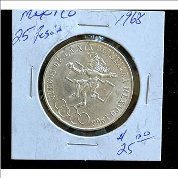 1968 MEXICO OLYMPICS 25 PESOS SILVER, BRILLIANT AU, REALLY NICE COIN
