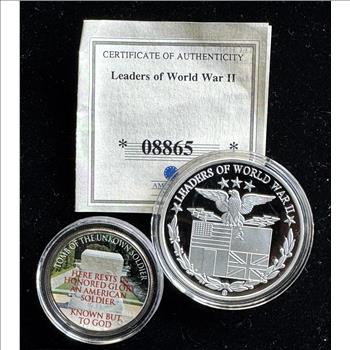 TOMB OF UNKNOWN SOLDIER UNC HALF DOLLAR  & IKE PROOF LEADERS OF WW II W/COA