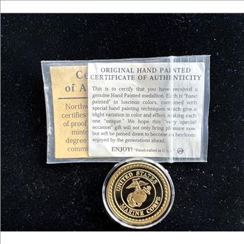 U.S. MARINE CORPS OPERATION IRAQI COLORIZED PROOF MERLIN GOLD W/COA, & 2020 TRUMP KEEP AMERICA GREAT GOLDEN  MEDALALLIONS IN CAPSULES, BU COINS