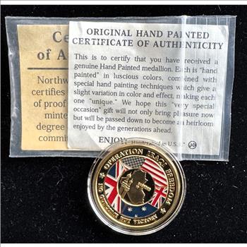 U.S. MARINE CORPS OPERATION IRAQI COLORIZED PROOF MERLIN GOLD W/COA, & 2020 TRUMP KEEP AMERICA GREAT GOLDEN  MEDALALLIONS IN CAPSULES, BU COINS