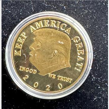 U.S. MARINE CORPS OPERATION IRAQI COLORIZED PROOF MERLIN GOLD W/COA, & 2020 TRUMP KEEP AMERICA GREAT GOLDEN  MEDALALLIONS IN CAPSULES, BU COINS