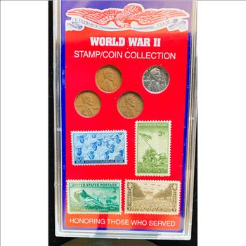 WORLD WAR II STAMP/COIN COLLECTION, 4 WAR COINS, 4 STAMPS IN ORIGINAL SEALED CASE