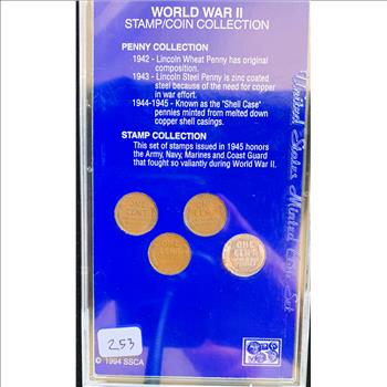 WORLD WAR II STAMP/COIN COLLECTION, 4 WAR COINS, 4 STAMPS IN ORIGINAL SEALED CASE