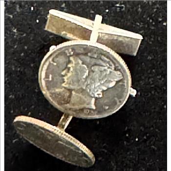 ANTIQUE STAMPED.925 STERLING SILVER UNIQUE CUFF LINKS WITH QUALITY MERCURY DIMES CENTER PIECES