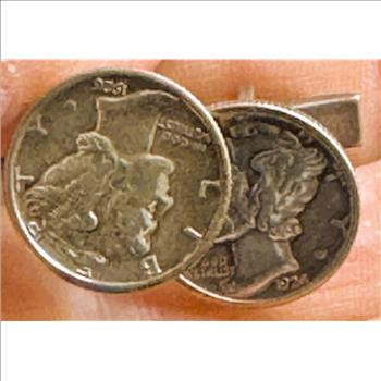 ANTIQUE STAMPED.925 STERLING SILVER UNIQUE CUFF LINKS WITH QUALITY MERCURY DIMES CENTER PIECES