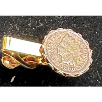 VINTAGE NS TIE CLIP WITH 1890 INDIAN HEAD PENNY CENTER PIECE