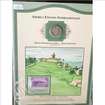 U.S. COINS & STAMPS 1915 BARBER QUARTER SILVER COIN & STAMP COLLECTOR SET