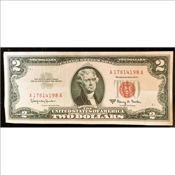 UNITED STATES NOTE, SERIES 1963 A $2 DOLLAR, RED SEAL, LOW SERIAL NUMBER, AU CRISP  IN SLEVE