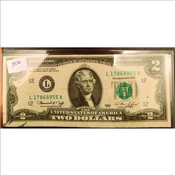 1976 SERIES $2 DOLLAR FEDERAL RESERVE NOTE, INTRODUCED IN CELEBRATION OF THE BICENTENNIAL OF INDEPENDENCE, GREEN SEAL, CRISP IN SLEVE