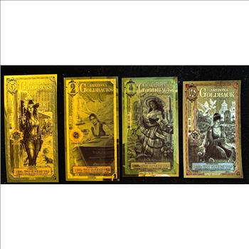 GOLD, 1/2, 1, 2 & 5 (4) ARIZONA GOLDBACKS, GOLD FOIL NOTES, 1/200, 1/500, 1/1000 & 1/2000 24K .999 FINE GOLD, CAN BE USED AS LEGAL TENDER