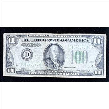 1934 SERIES $100 DOLLAR FEDERAL RESERVE NOTE GREEN SEAL IN A SLEVE