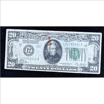 1928 SERIES $20 DOLLAR SAN FRANCISCO FEDERAL RESERVE NOTE GREEN SEAL IN A SLEVE