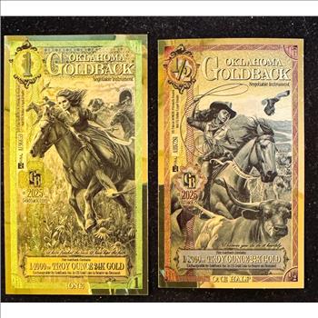 GOLD, 1/2 AND 1 OKLAHOMA GOLDBACKS, GOLD FOIL NOTES, 1/1000 & 1/2000 24K .999 FINE GOLD, CAN BE USED AS LEGAL TENDER