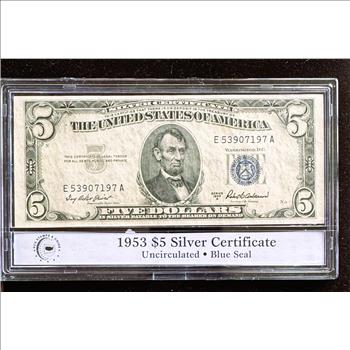1953 A SERIES $5 DOLLAR SILVER CERTIFICATE, PCS GRADED UNCIRCULATED BLUE SEAL IN THE SLAB