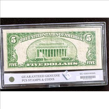 1953 A SERIES $5 DOLLAR SILVER CERTIFICATE, PCS GRADED UNCIRCULATED BLUE SEAL IN THE SLAB