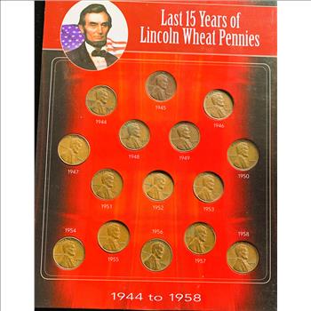1944 - 1958 LAST 15 YEARS OF LINCOLN WHEAT PENNY  COLLECTION, NICE COINS IN ORIG PKG WITH COA