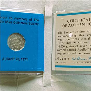 MINI SILVER COIN THAT TRAVELED AROUND THE MOON ON APOLLO XIV, FRANKLIN MINT ISSUE PAPERWORK IN ORIG PKG, COA