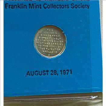 MINI SILVER COIN THAT TRAVELED AROUND THE MOON ON APOLLO XIV, FRANKLIN MINT ISSUE PAPERWORK IN ORIG PKG, COA