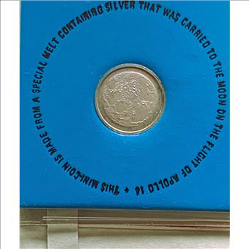 MINI SILVER COIN THAT TRAVELED AROUND THE MOON ON APOLLO XIV, FRANKLIN MINT ISSUE PAPERWORK IN ORIG PKG, COA