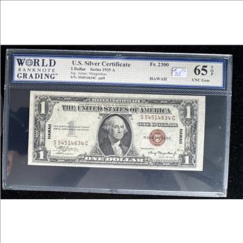 1935 A SERIES HAWAII EMERGENCY WW II NOTE, $1 DOLLAR SILVER CERTIFICATE, RED SEAL, HIGH GRADED WBG 65 TOP UNCIRCULATED GEM