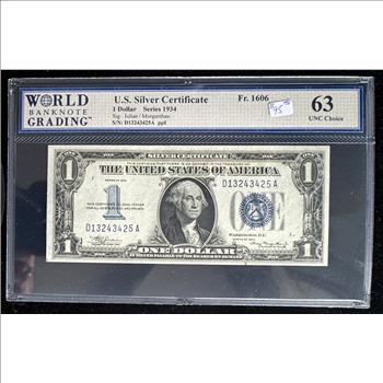 1934 SERIES $1 DOLLAR SILVER CERTIFICATE FUNNYBACK, HIGH GRADED WBG 63 UNCIRCULATED CHOICE