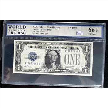 1928 SERIES $1 DOLLAR SILVER CERTIFICATE FUNNYBACK, HIGH GRADED WBG 66 TOP UNCIRCULATED GEM