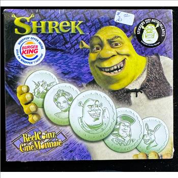 SHREK BURGER KING DREAMWORKS MEDALLION & STICKER SET, SEALED NEVER OPENED, LIKE NEW, COINS & CURRENCY