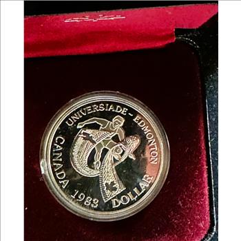 1983 CANADA EDMONTON UNIVERSIADE GAMES, $1 DOLLAR SILVER PROOF COIN, LUSTROUS GEM IN ORIG RCM CAPSULE/CASE