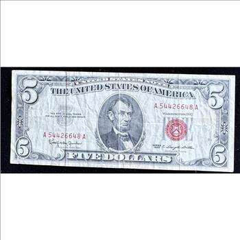 1963 SERIES $5 DOLLAR UNITED STATES NOTE, LEGAL TENDER, RED SEAL IN A SLEVE