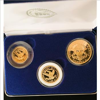 NATIONAL COLLECTORS MINT, CC TRIBUTE PROOF GOLD 3 COIN SET, ORIG CASE WITH COA 24K GP IN CAPSULES