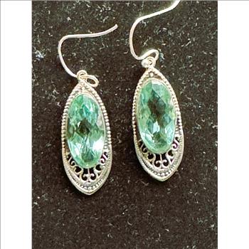 .925 MARKED VINTAGE STERLING SILVER EARRINGS, DANGLING WITH LIGHT GREEN STONES