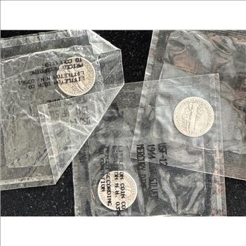 LITTLETON SILVER MERCURY DIMES (3 COINS) 1936, 1941, 1944, INDIVIDUALLY SEALED PKGS