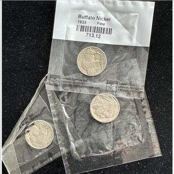 LITTLETON (3) COIN SET BUFFALO NICKELS 1934, 1935, 1937 INDIVIDUALLY SEALED PKGS