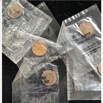 LITTLETON (5) COIN PENNY SET 1902 INDIAN HEAD, 1920, 1935-D, 1936, 1955-S UNC, INDIVIDUALLY SEALED PKGS
