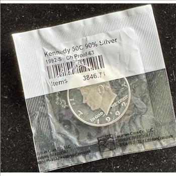 1992-S 90% SILVER KENNEDY HALF DOLLAR, LITTLETON GRADED CHOICE PROOF-63, GEM COIN INDIVIDUALLY SEALED PKG
