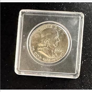 1960-D FRANKLIN SILVER HALF DOLLAR, SHINY LUSTER COIN IN A HARD CASE