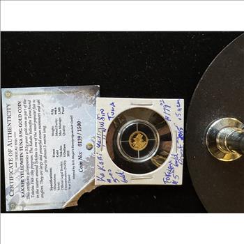 GOLD, 2015 KAKAHI YELLOWFIN TUNA 0.5g .999 FINE GOLD PROOF $5 DOLLARS COIN GEM IN CAPSULE, COA