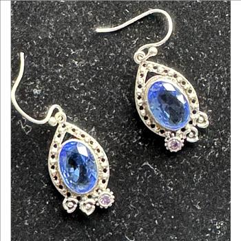 .925 STAMPED STERLING SILVER EARRINGS, STYLISH TANZANITE DROP DANGLING EARRINGS